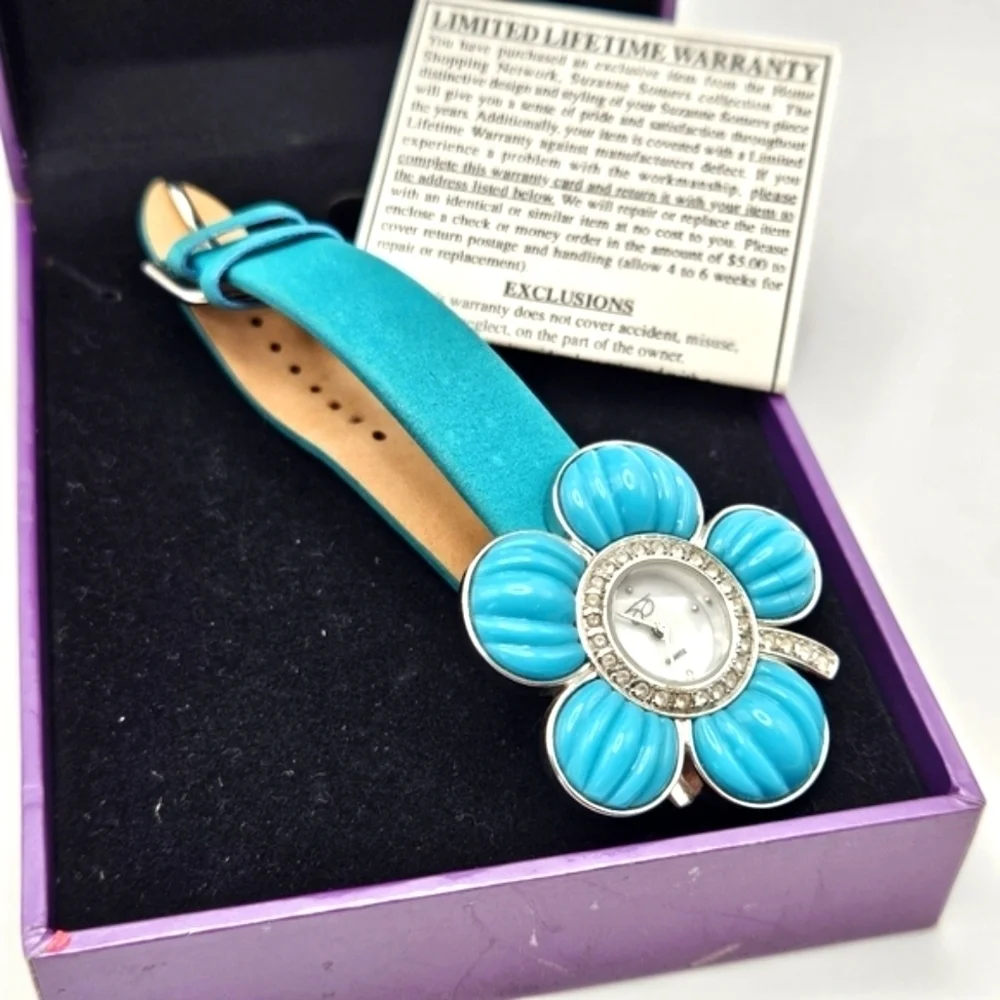 VINTAGE Suzanne Somers Blue Rhinestone Flower Watch Leather Band MOP Face Box